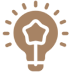 A stylized brown light bulb icon with a circular sunburst pattern.